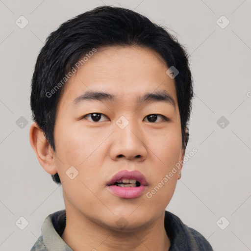 Neutral asian young-adult male with short  black hair and brown eyes