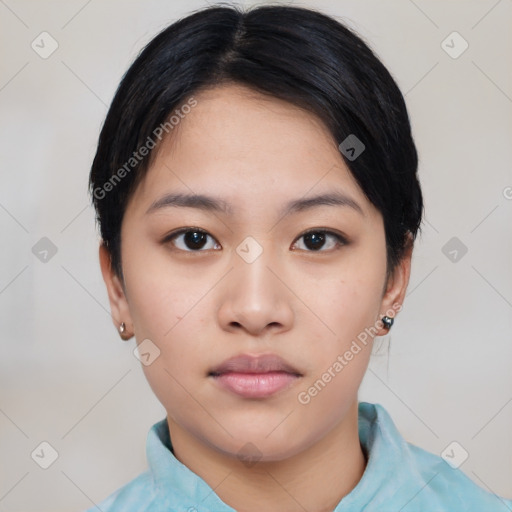 Neutral asian young-adult female with short  black hair and brown eyes