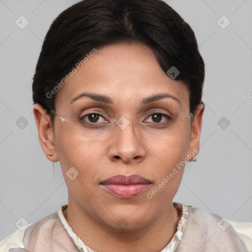 Joyful white adult female with short  brown hair and brown eyes