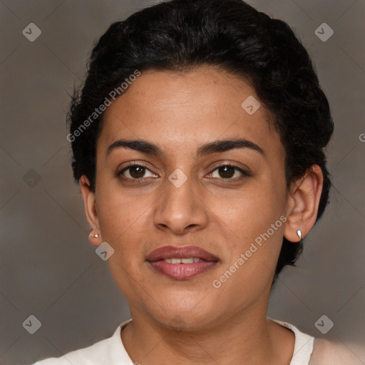 Joyful latino young-adult female with short  brown hair and brown eyes