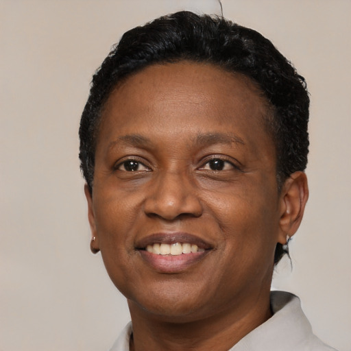 Joyful black adult female with short  black hair and brown eyes