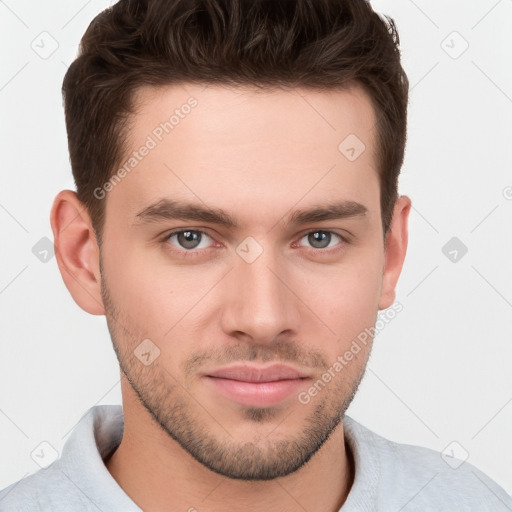 Neutral white young-adult male with short  brown hair and brown eyes