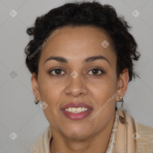 Joyful latino young-adult female with short  brown hair and brown eyes