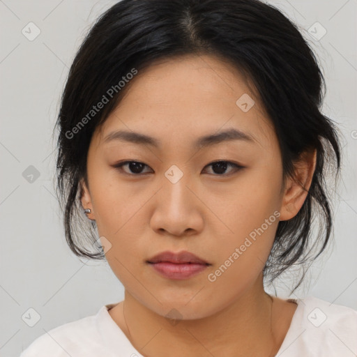 Neutral asian young-adult female with medium  black hair and brown eyes