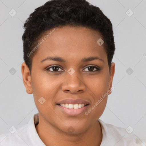 Joyful black young-adult female with short  brown hair and brown eyes