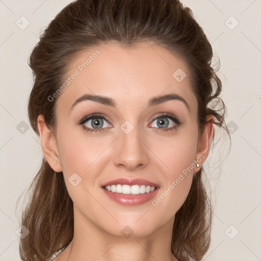 Joyful white young-adult female with medium  brown hair and green eyes