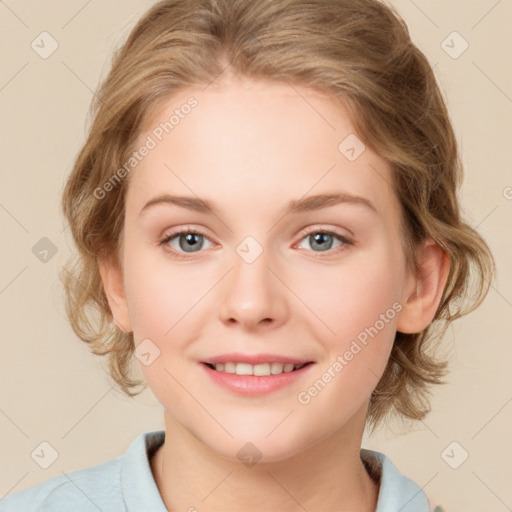 Joyful white young-adult female with medium  brown hair and blue eyes