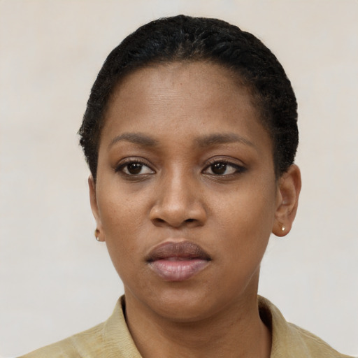 Neutral black young-adult female with short  black hair and brown eyes