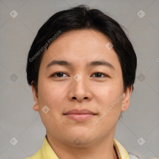 Joyful asian young-adult female with short  brown hair and brown eyes