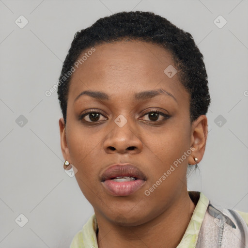 Neutral black young-adult female with short  black hair and brown eyes