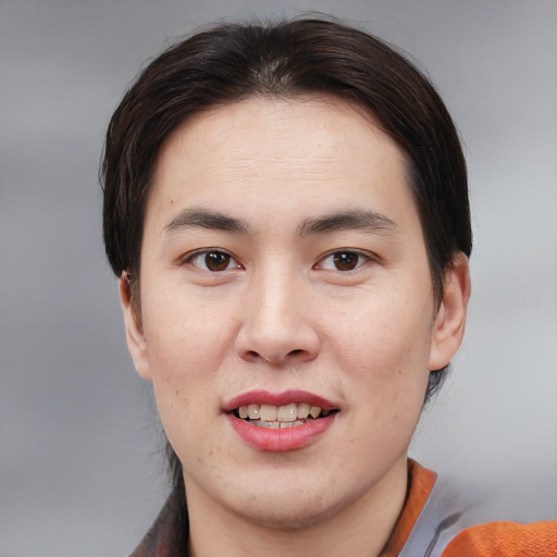 Joyful white young-adult male with medium  brown hair and brown eyes