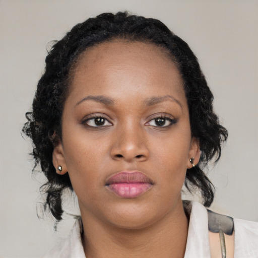 Neutral black young-adult female with medium  black hair and brown eyes