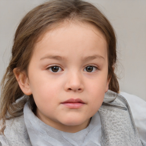 Neutral white child female with medium  brown hair and blue eyes