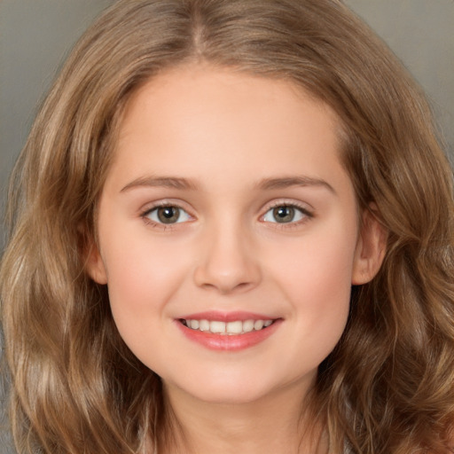 Joyful white child female with long  brown hair and brown eyes