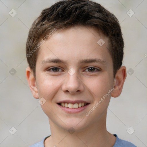 Joyful white child male with short  brown hair and brown eyes