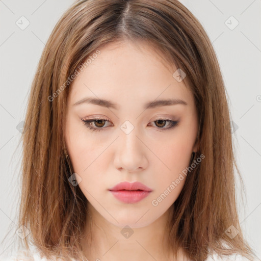 Neutral white young-adult female with medium  brown hair and brown eyes