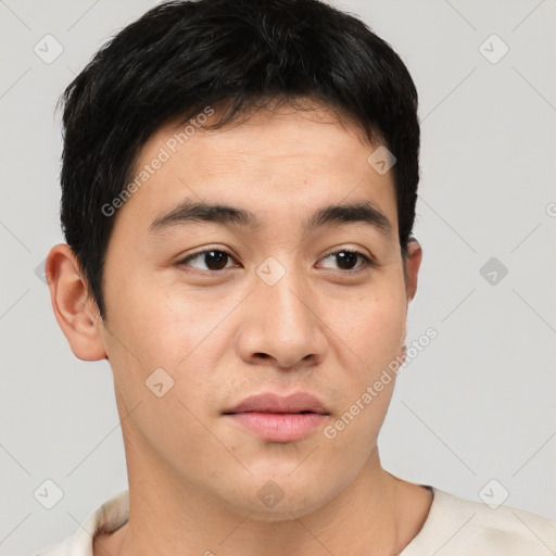 Joyful asian young-adult male with short  black hair and brown eyes