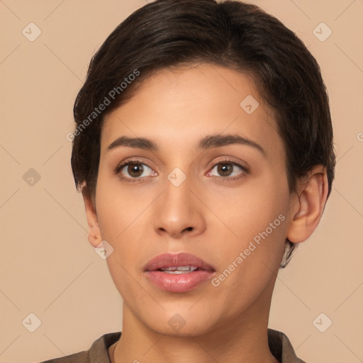 Neutral white young-adult female with short  brown hair and brown eyes