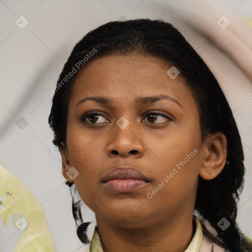 Neutral latino young-adult female with short  black hair and brown eyes