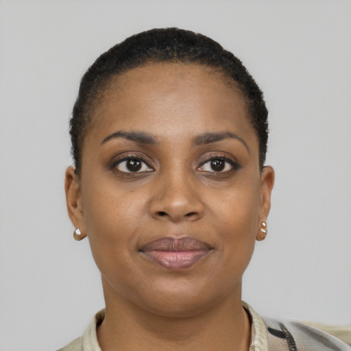Joyful black young-adult female with short  brown hair and brown eyes