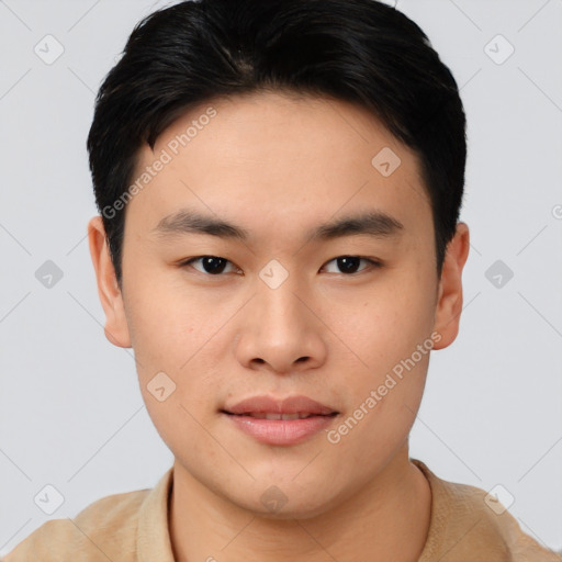 Neutral asian young-adult male with short  brown hair and brown eyes