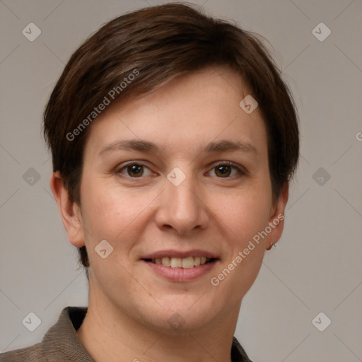 Joyful white young-adult female with short  brown hair and grey eyes