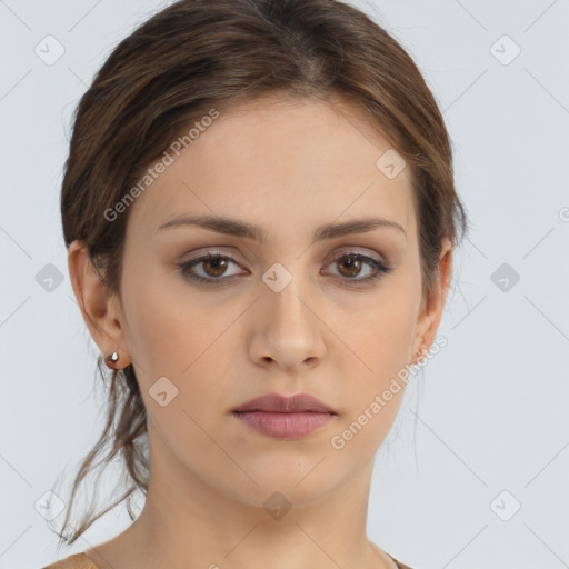 Neutral white young-adult female with medium  brown hair and brown eyes