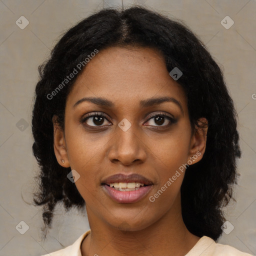 Joyful black young-adult female with medium  black hair and brown eyes