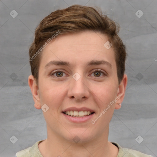 Joyful white young-adult female with short  brown hair and grey eyes