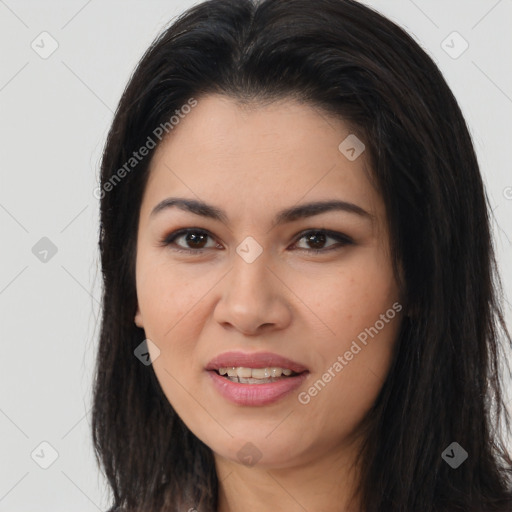 Joyful latino young-adult female with long  brown hair and brown eyes