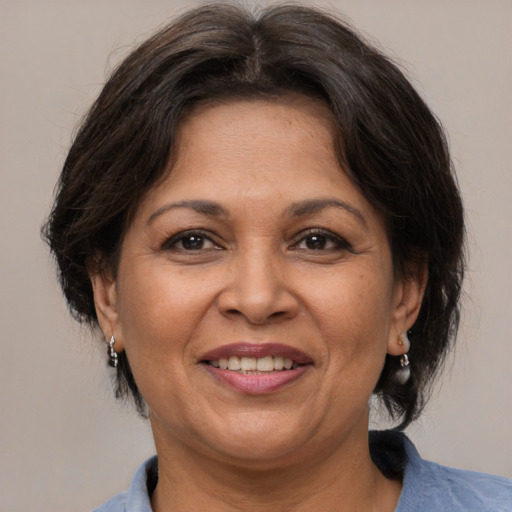 Joyful white adult female with medium  brown hair and brown eyes