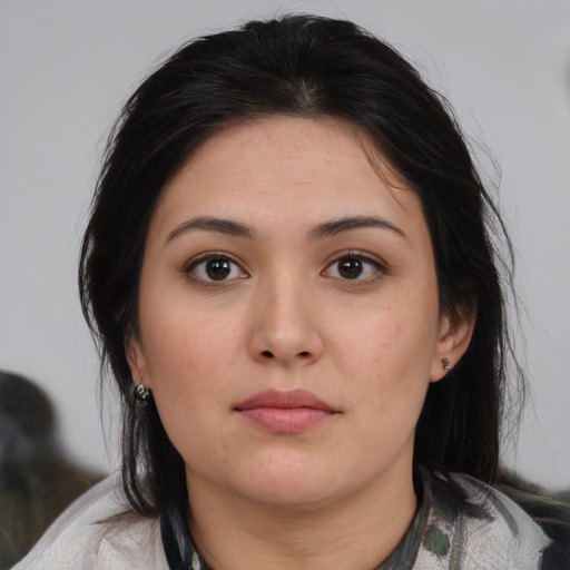 Neutral asian young-adult female with medium  brown hair and brown eyes