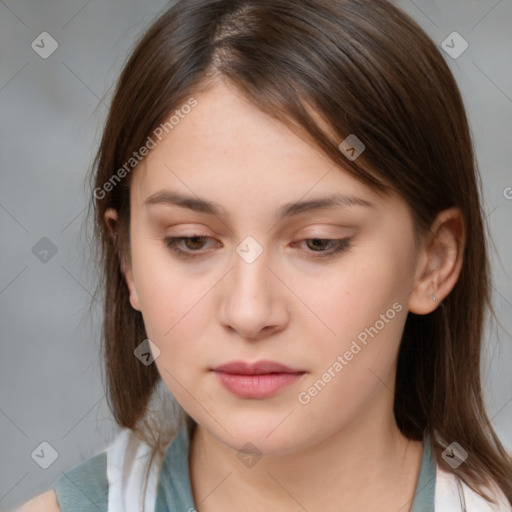 Neutral white young-adult female with medium  brown hair and brown eyes