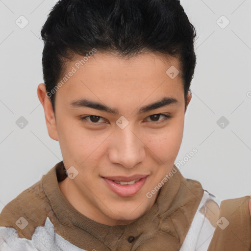 Joyful latino young-adult male with short  brown hair and brown eyes