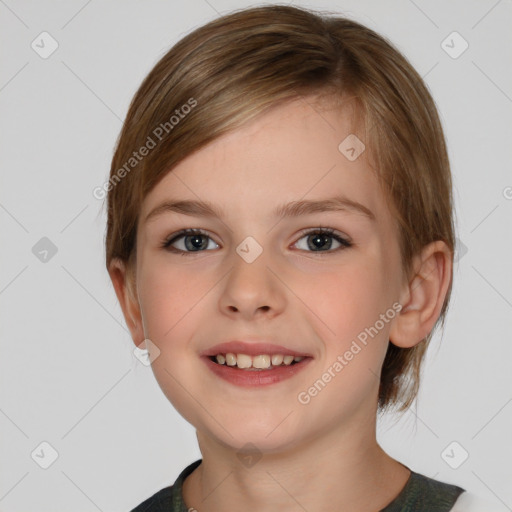 Joyful white child female with medium  brown hair and brown eyes