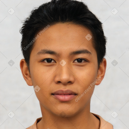 Neutral asian young-adult male with short  black hair and brown eyes