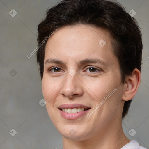 Joyful white young-adult female with medium  brown hair and brown eyes