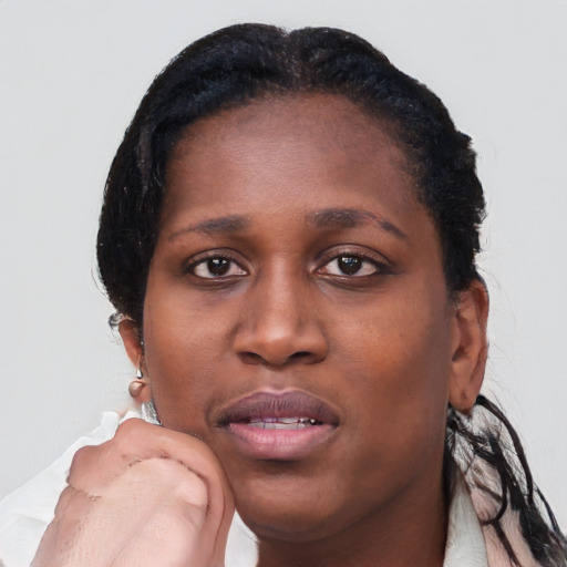 Neutral black young-adult female with short  black hair and brown eyes