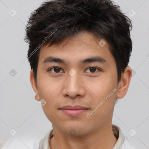 Neutral asian young-adult male with short  brown hair and brown eyes