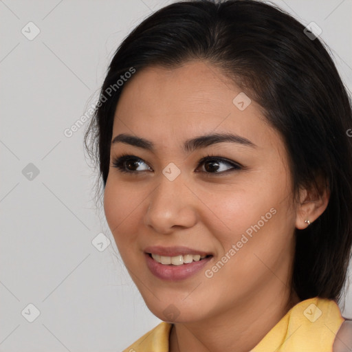 Joyful white young-adult female with medium  brown hair and brown eyes