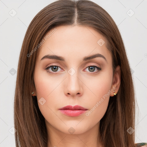 Neutral white young-adult female with long  brown hair and brown eyes