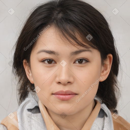 Neutral asian young-adult female with medium  brown hair and brown eyes