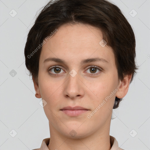 Neutral white young-adult female with short  brown hair and brown eyes