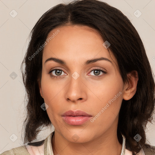 Neutral white young-adult female with medium  brown hair and brown eyes