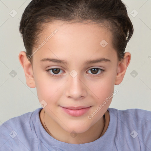 Joyful white child female with short  brown hair and brown eyes