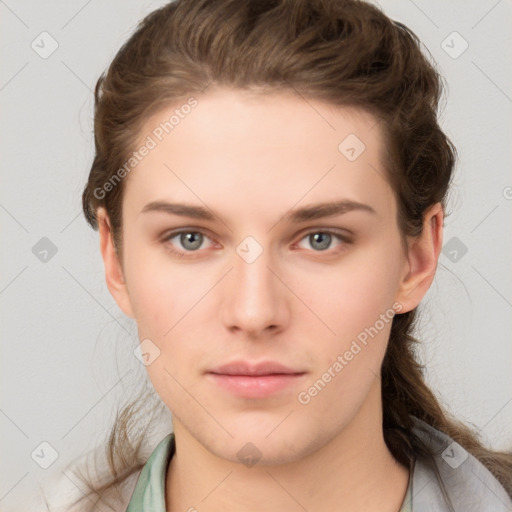 Neutral white young-adult female with short  brown hair and brown eyes