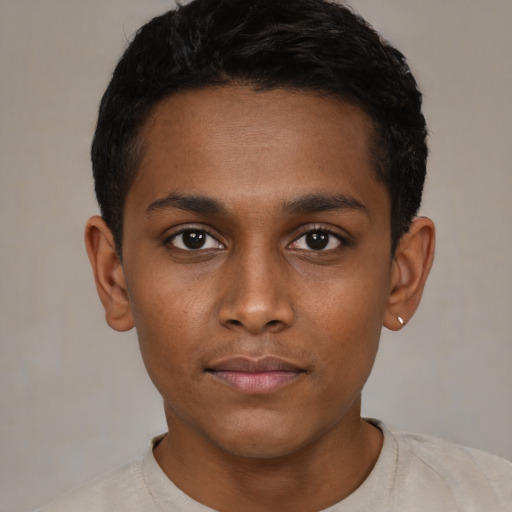 Neutral black young-adult male with short  black hair and brown eyes