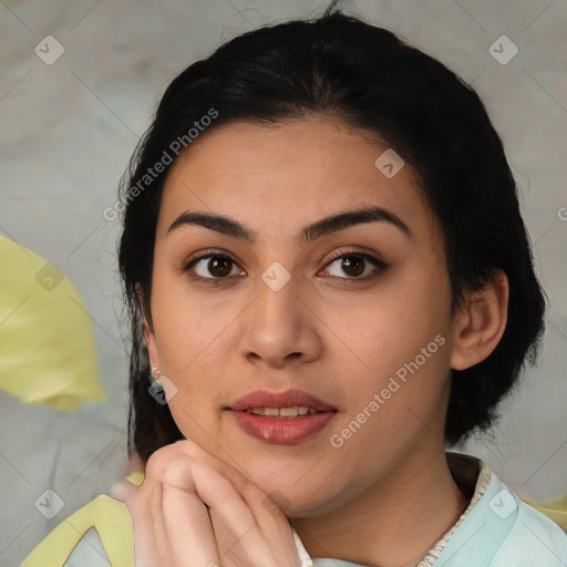 Joyful latino young-adult female with short  black hair and brown eyes