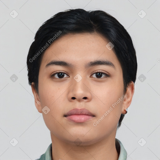 Neutral asian young-adult male with short  black hair and brown eyes