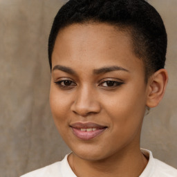 Joyful black young-adult female with short  brown hair and brown eyes